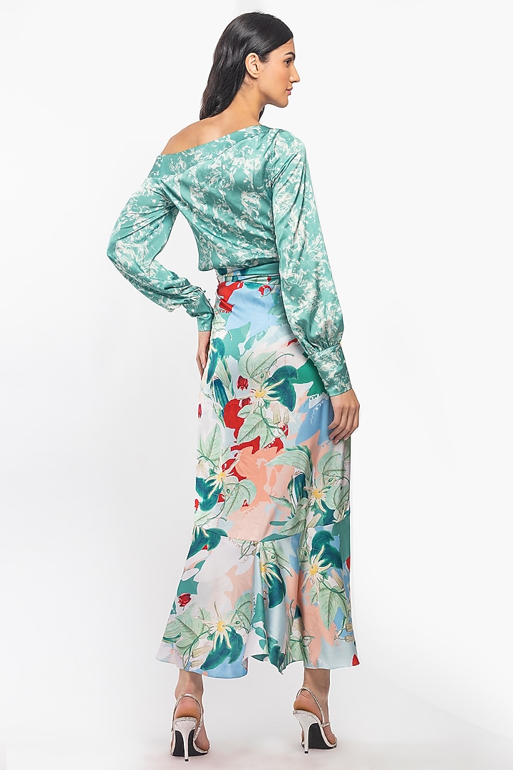 Green Satin Printed Skirt Set by Mandira Wirk - Resort at Pernia's Pop Up Shop