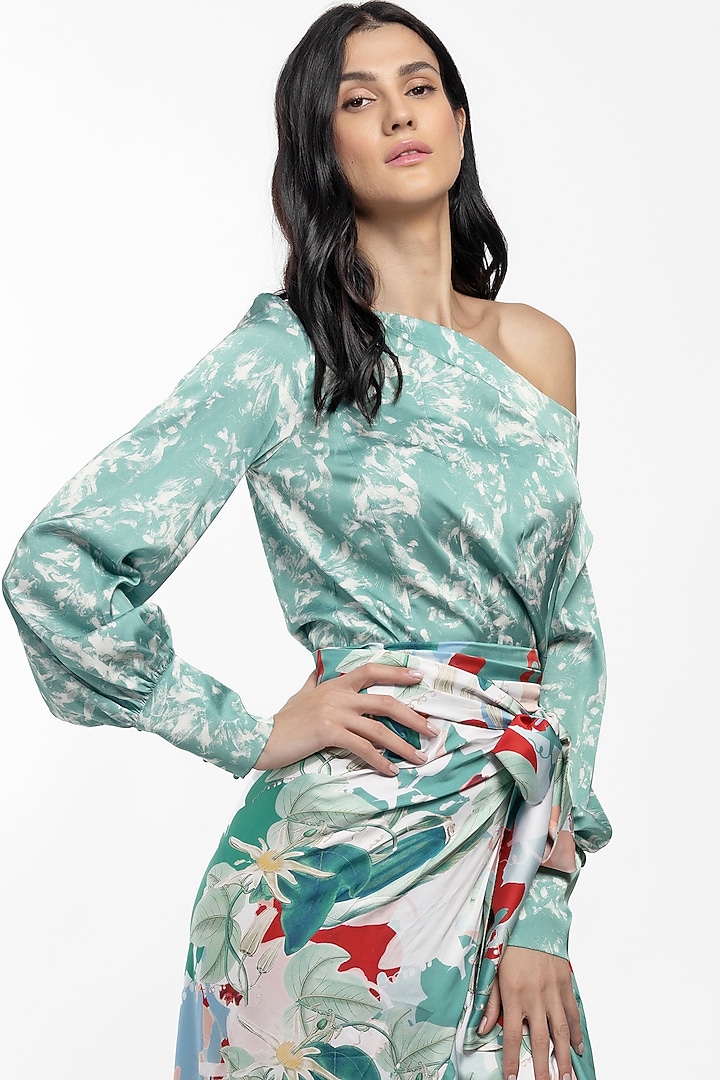 Green Satin Printed Skirt Set by Mandira Wirk - Resort at Pernia's Pop Up Shop