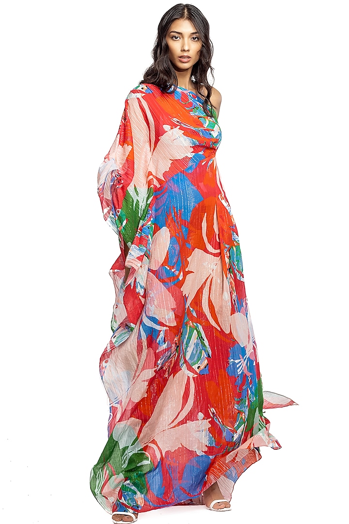 Red & Beige Abstract Printed Kaftan by Mandira Wirk