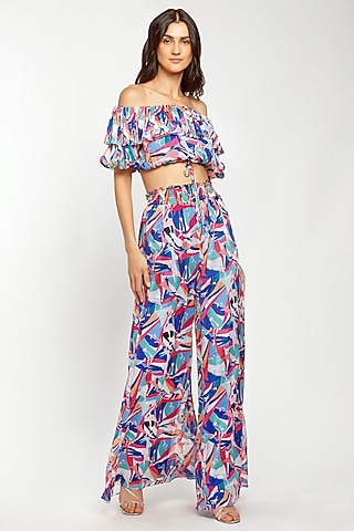 Blue & Pink Printed Pant Set by Mandira Wirk - Resort
