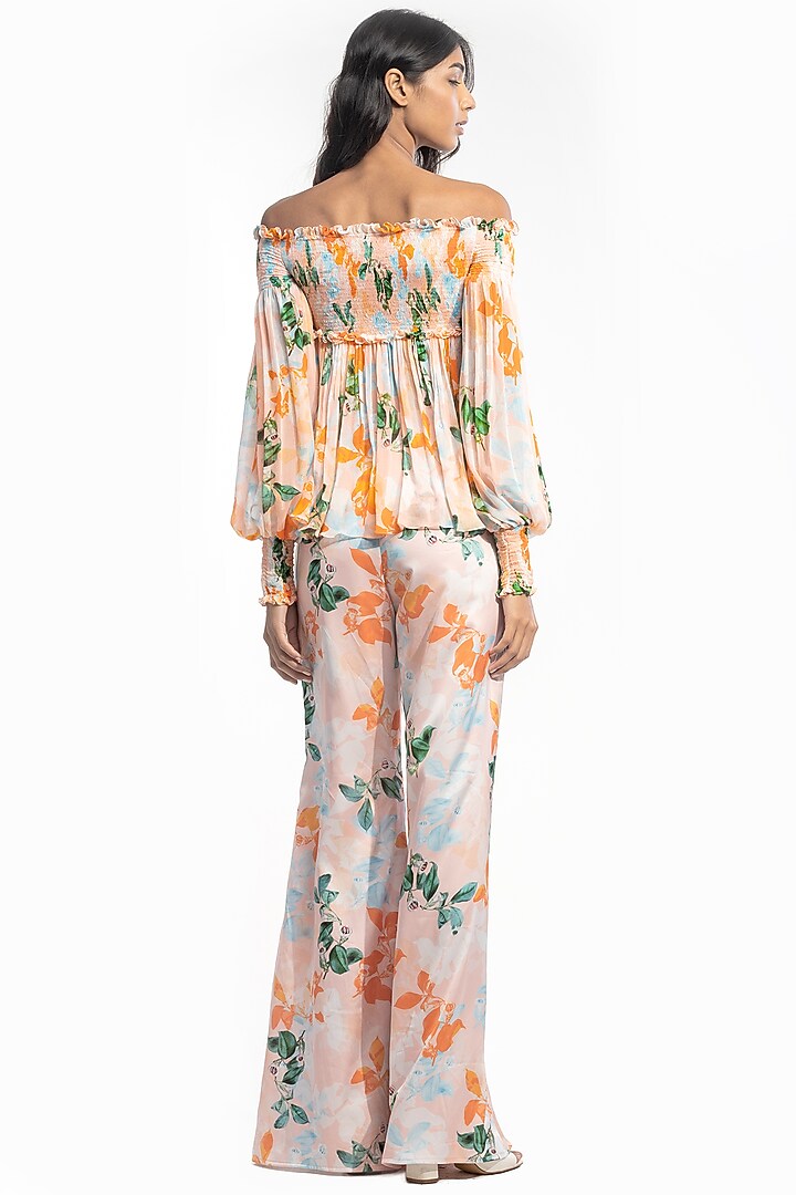 Peach Satin Printed Pant Set by Mandira Wirk - Resort at Pernia's Pop Up Shop