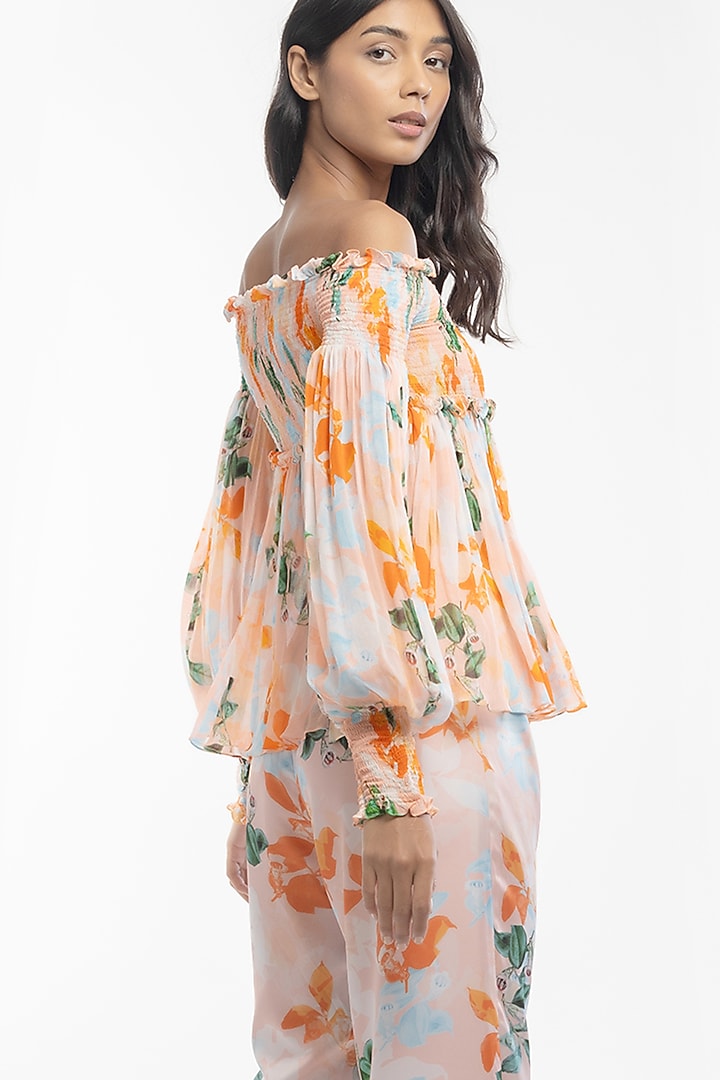 Peach Satin Printed Pant Set by Mandira Wirk - Resort at Pernia's Pop Up Shop