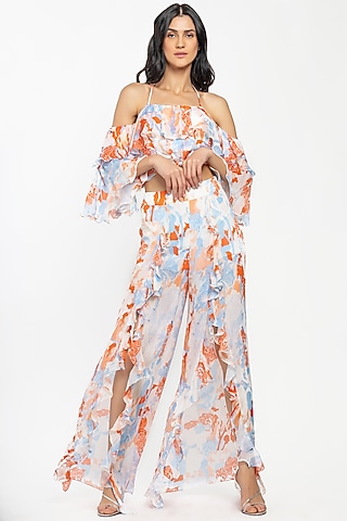 Ivory & Orange Tropical Printed Pant Set by Mandira Wirk - Resort