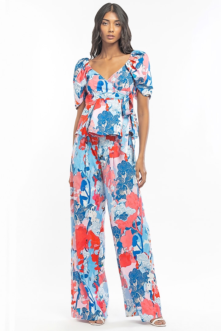 Blue & Pink Tropical Printed Pant Set by Mandira Wirk