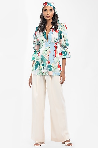 Ivory Dust Satin Pant Set by Mandira Wirk - Resort