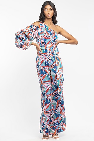 Blue & Pink Printed Jumpsuit With Belt by Mandira Wirk - Resort