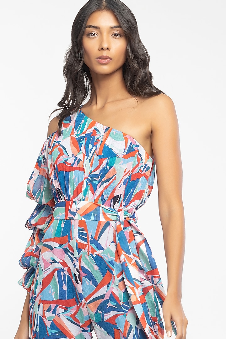 Blue & Pink Printed Jumpsuit With Belt by Mandira Wirk - Resort at Pernia's Pop Up Shop