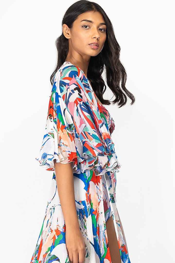 Ivory & Blue Printed Bikini Set With Cape by Mandira Wirk - Resort at Pernia's Pop Up Shop