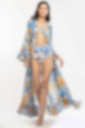 Yellow & Blue Lycra Printed Bikini Set With Cape by Mandira Wirk