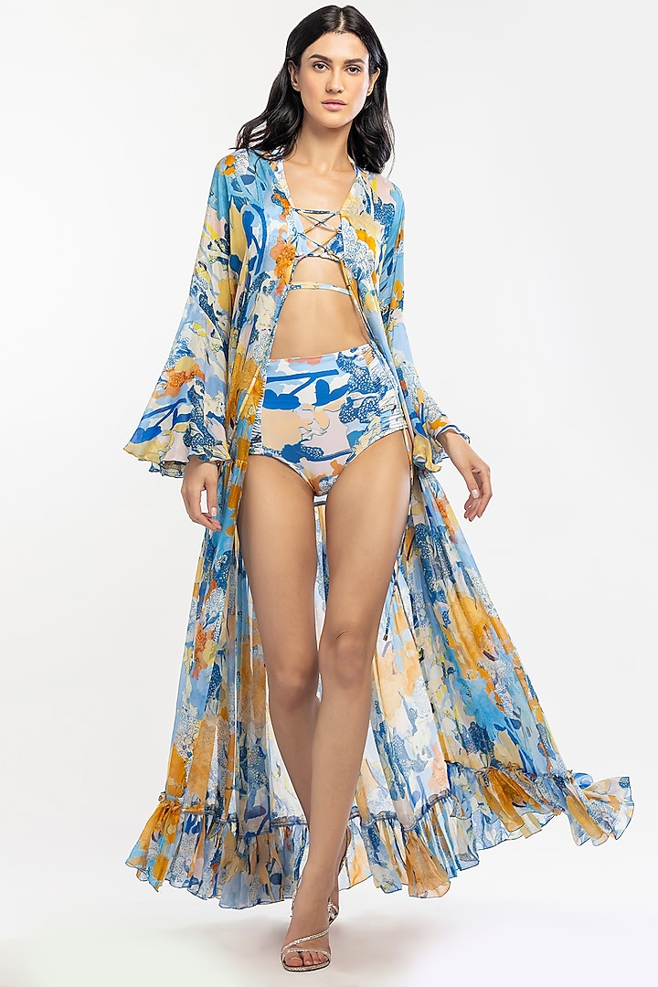Yellow & Blue Lycra Printed Bikini Set With Cape by Mandira Wirk