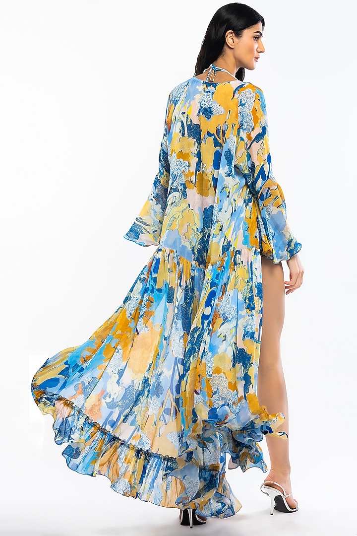 Yellow & Blue Lycra Printed Bikini Set With Cape by Mandira Wirk - Resort at Pernia's Pop Up Shop