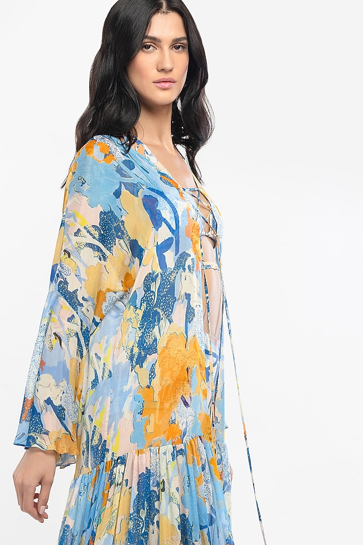 Yellow & Blue Lycra Printed Bikini Set With Cape by Mandira Wirk - Resort at Pernia's Pop Up Shop