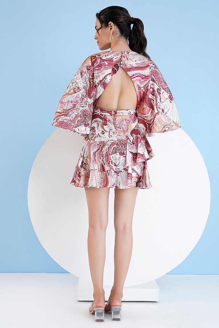 Bright Red Satin Printed Tiered Mini Vacation Dress by Mandira Wirk - Resort at Pernia's Pop Up Shop