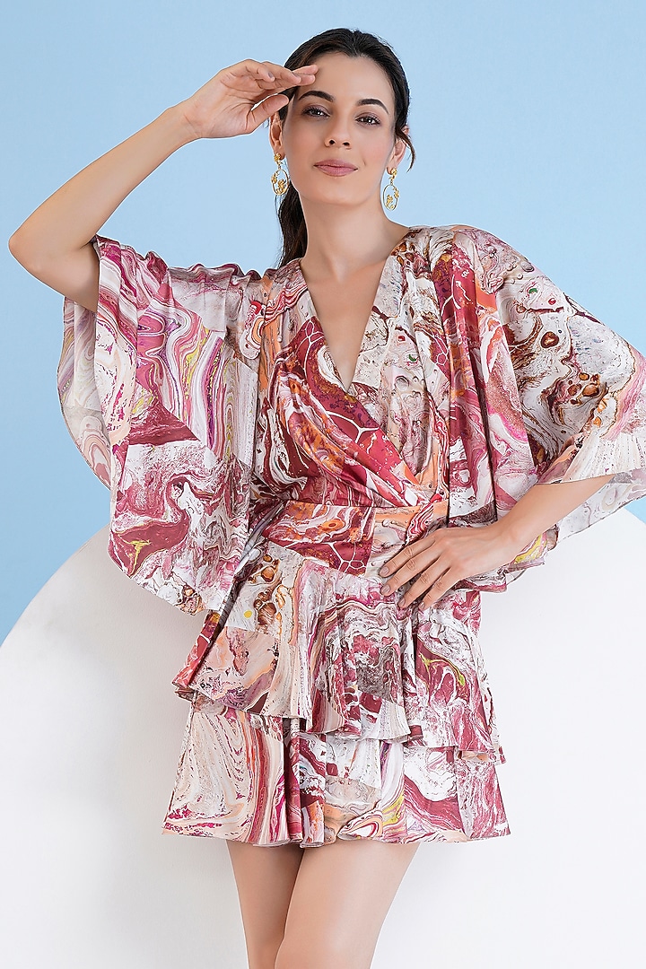 Bright Red Satin Printed Tiered Mini Vacation Dress by Mandira Wirk - Resort at Pernia's Pop Up Shop