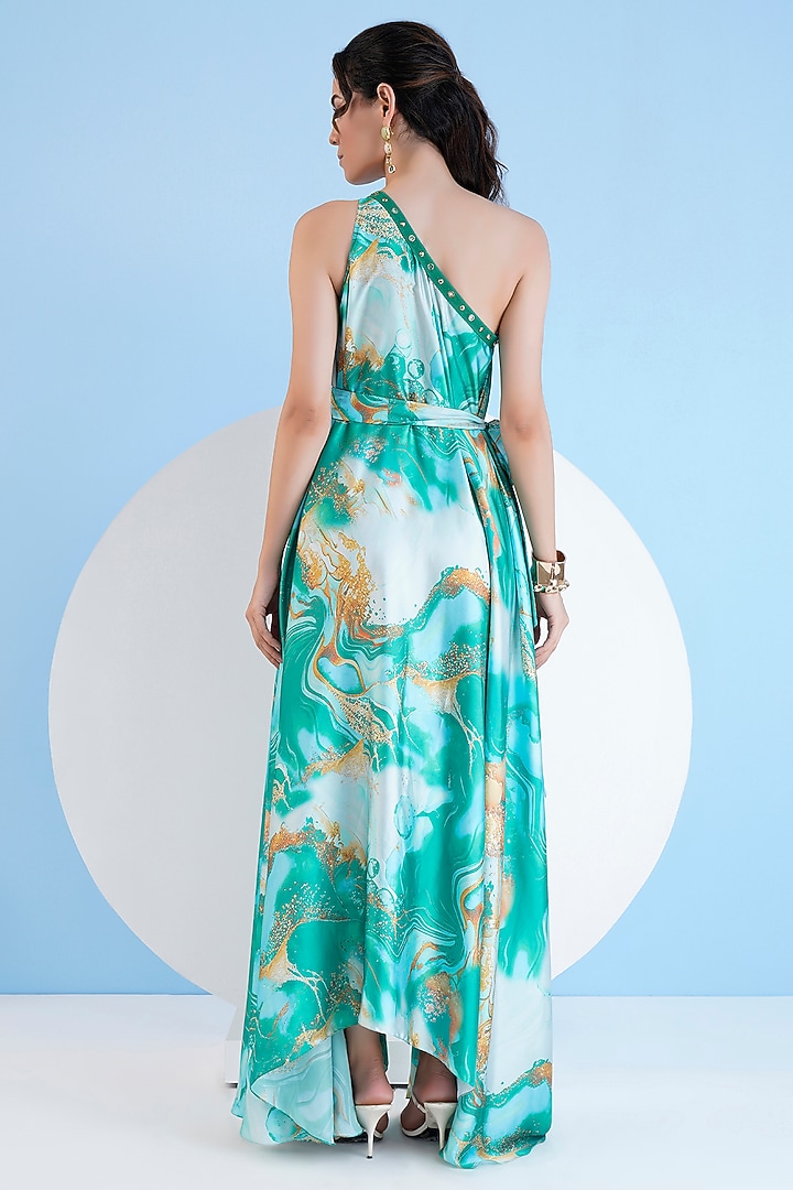 Green Satin Printed One-Shoulder Kaftan With Belt by Mandira Wirk - Resort at Pernia's Pop Up Shop