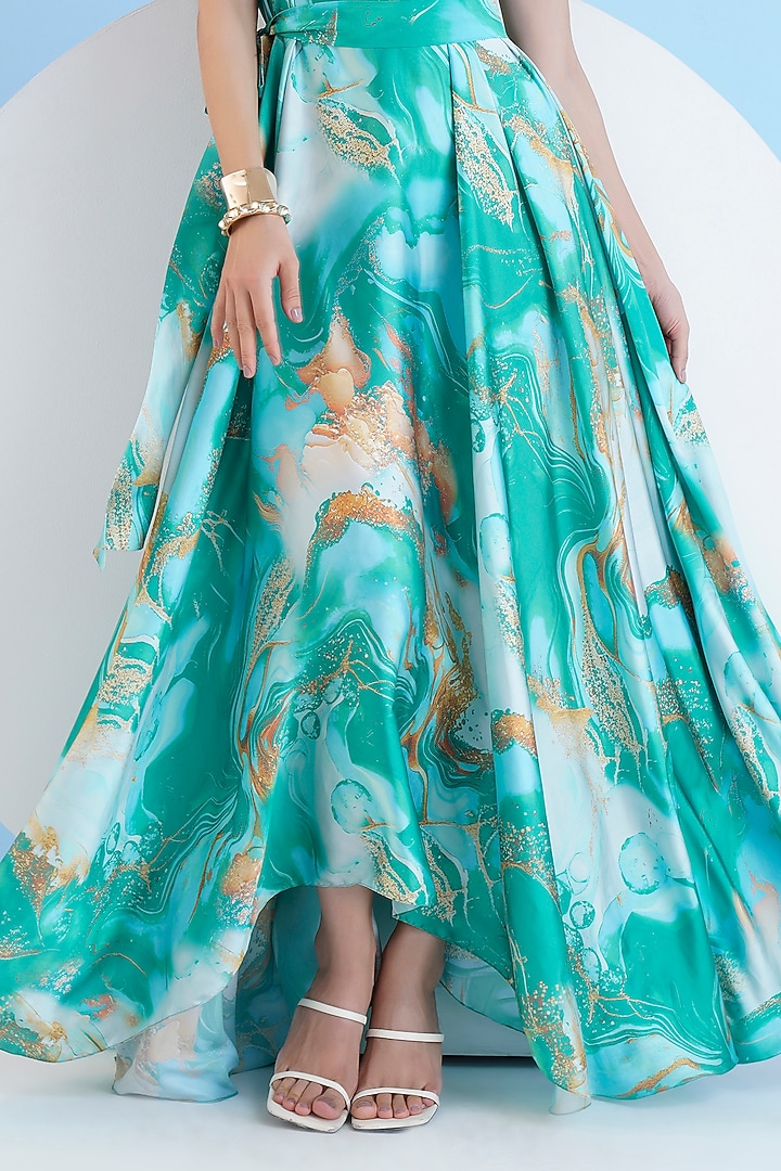 Green Satin Printed One-Shoulder Kaftan With Belt by Mandira Wirk - Resort at Pernia's Pop Up Shop