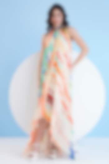 Multi-Colored Chiffon Embroidered Asymmetrical Maxi Dress by Mandira Wirk