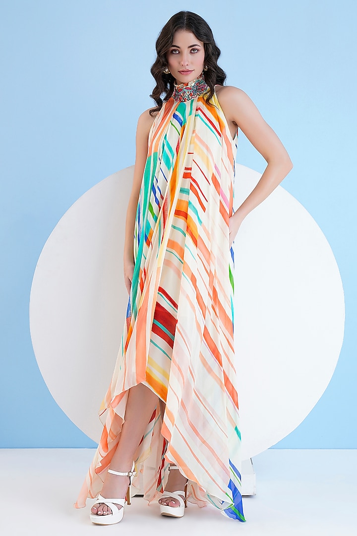 Multi-Colored Chiffon Embroidered Asymmetrical Maxi Dress by Mandira Wirk
