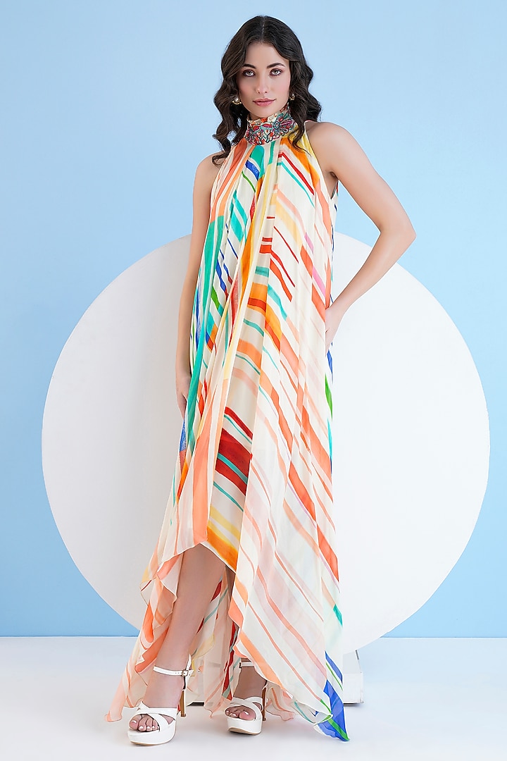 Multi-Colored Chiffon Embroidered Asymmetrical Maxi Dress by Mandira Wirk at Pernia's Pop Up Shop