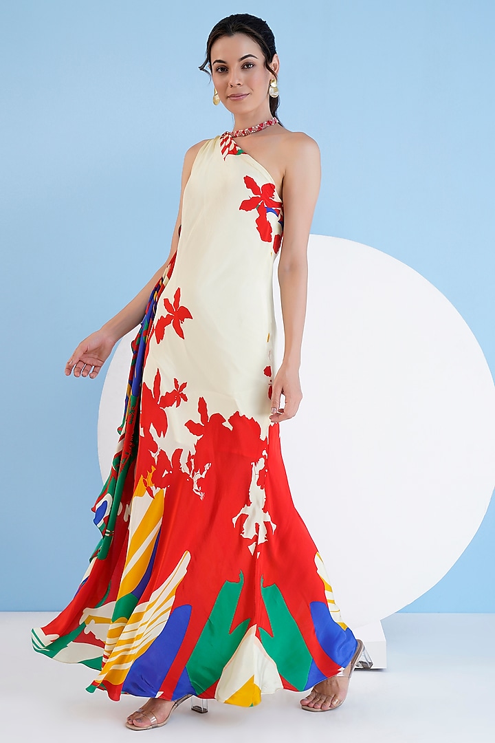 Multi-Colored Viscose Crepe Embroidered One-Shoulder Maxi Dress by Mandira Wirk