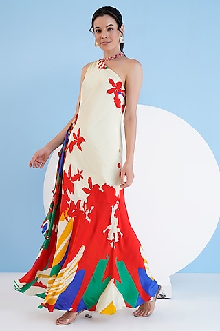 Multi-Colored Viscose Crepe Embroidered One-Shoulder Maxi Dress by Mandira Wirk - Resort