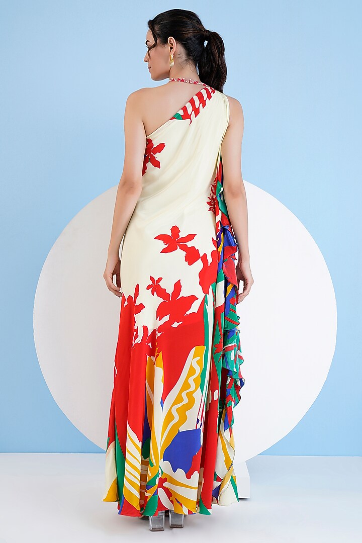 Multi-Colored Viscose Crepe Embroidered One-Shoulder Maxi Vacation Dress by Mandira Wirk - Resort at Pernia's Pop Up Shop