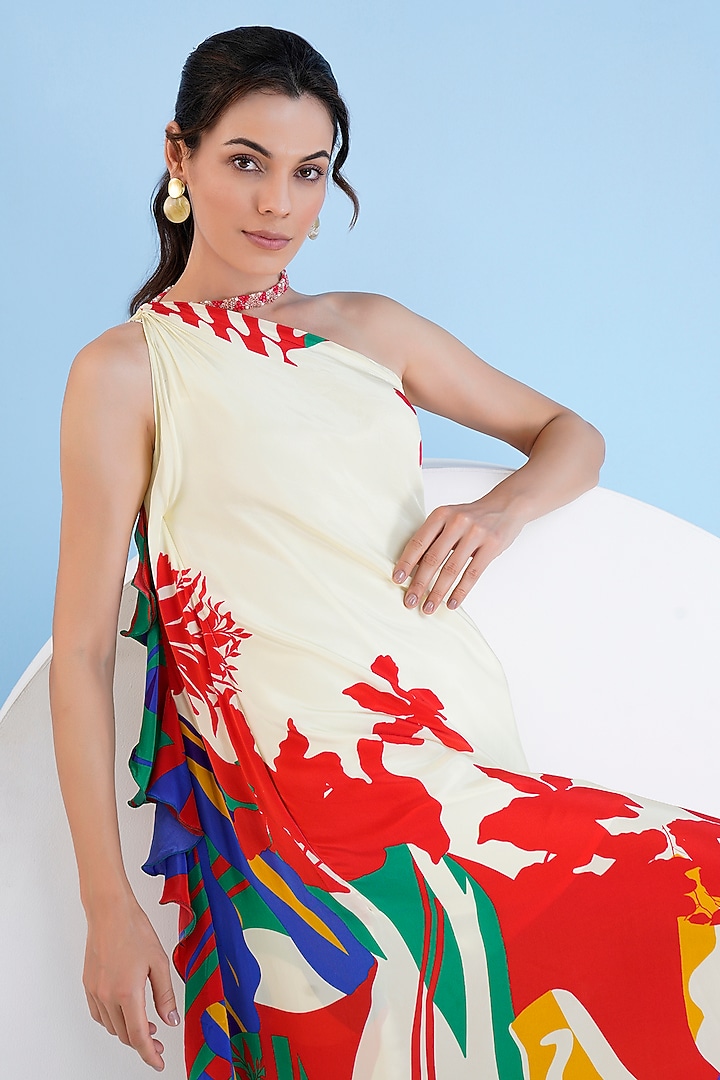 Multi-Colored Viscose Crepe Embroidered One-Shoulder Maxi Vacation Dress by Mandira Wirk - Resort at Pernia's Pop Up Shop