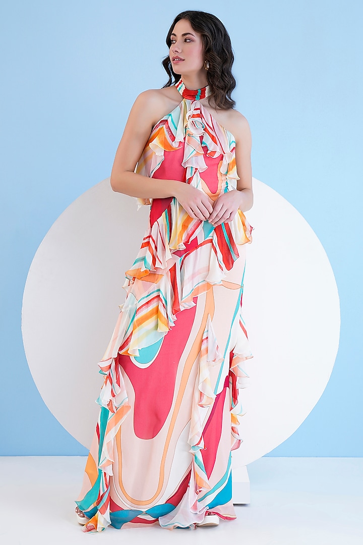 Multi-Colored Chiffon Frilled Maxi Dress by Mandira Wirk