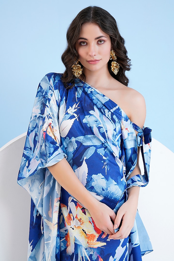 Blue Satin Printed Kaftan by Mandira Wirk - Resort at Pernia's Pop Up Shop