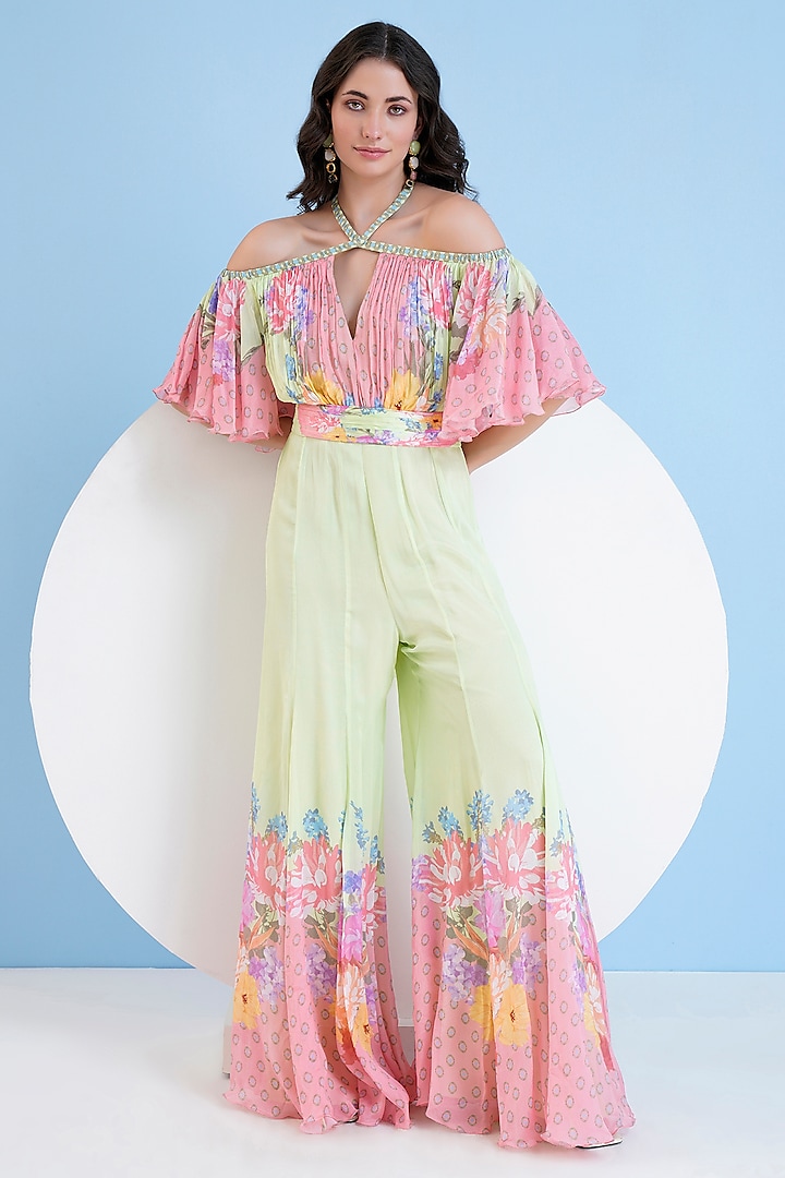 Green & Pink Chiffon Placement Printed Flared Jumpsuit by Mandira Wirk at Pernia's Pop Up Shop