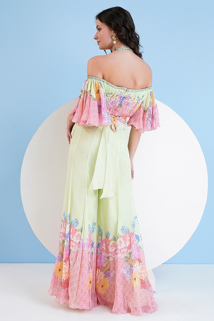 Green & Pink Chiffon Placement Printed Flared Jumpsuit by Mandira Wirk - Resort at Pernia's Pop Up Shop