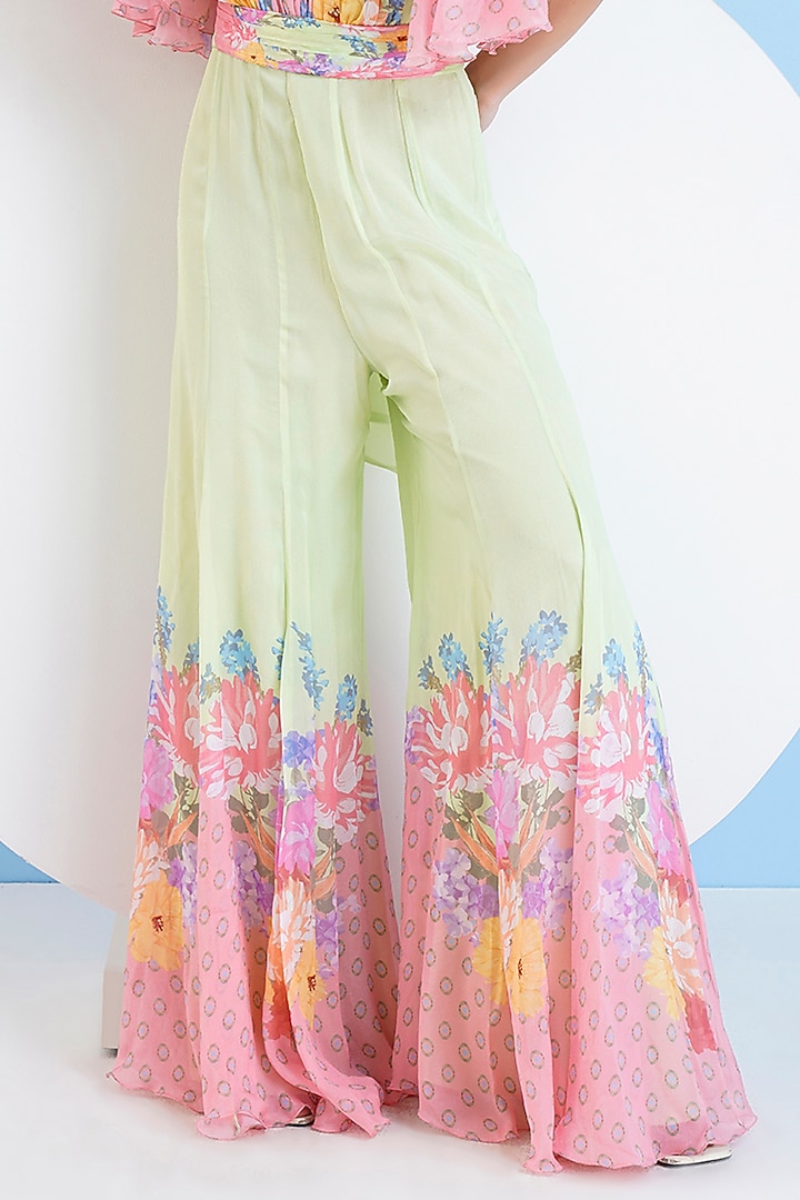 Green & Pink Chiffon Placement Printed Flared Jumpsuit by Mandira Wirk - Resort at Pernia's Pop Up Shop