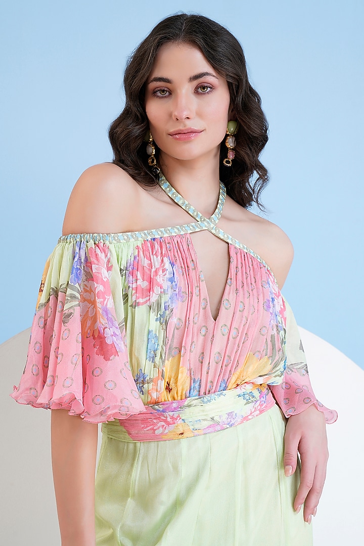 Green & Pink Chiffon Placement Printed Flared Jumpsuit by Mandira Wirk - Resort at Pernia's Pop Up Shop