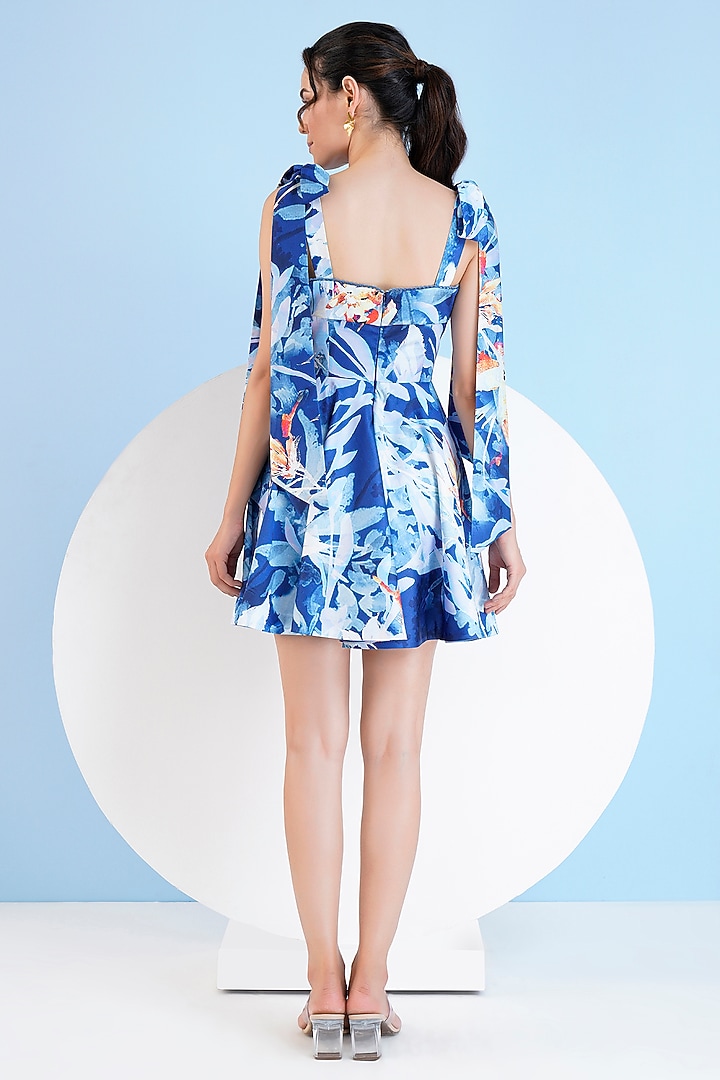 Blue Satin Foliage Printed Mini Vacation Dress by Mandira Wirk - Resort at Pernia's Pop Up Shop