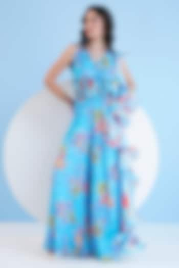 Teal Blue Chiffon Botanical Printed Flared Jumpsuit by Mandira Wirk at Pernia's Pop Up Shop