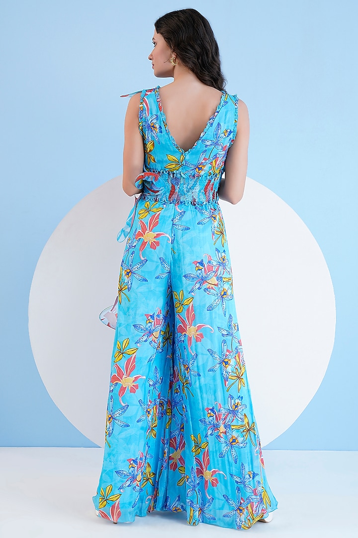 Teal Blue Chiffon Botanical Printed Flared Jumpsuit by Mandira Wirk - Resort at Pernia's Pop Up Shop