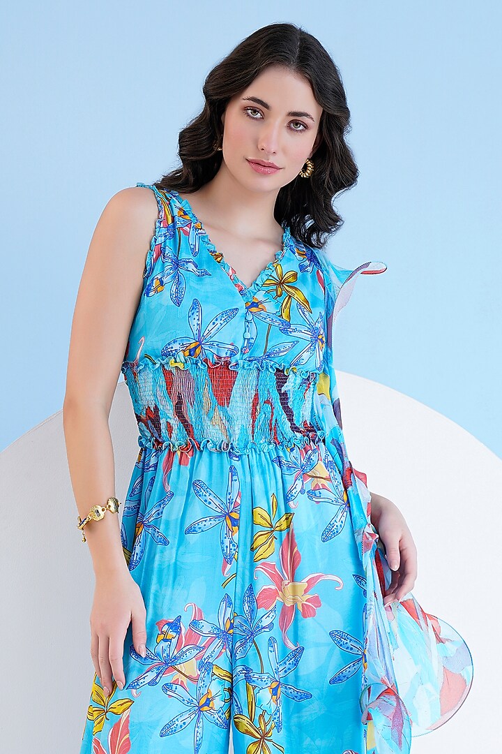 Teal Blue Chiffon Botanical Printed Flared Jumpsuit by Mandira Wirk - Resort at Pernia's Pop Up Shop