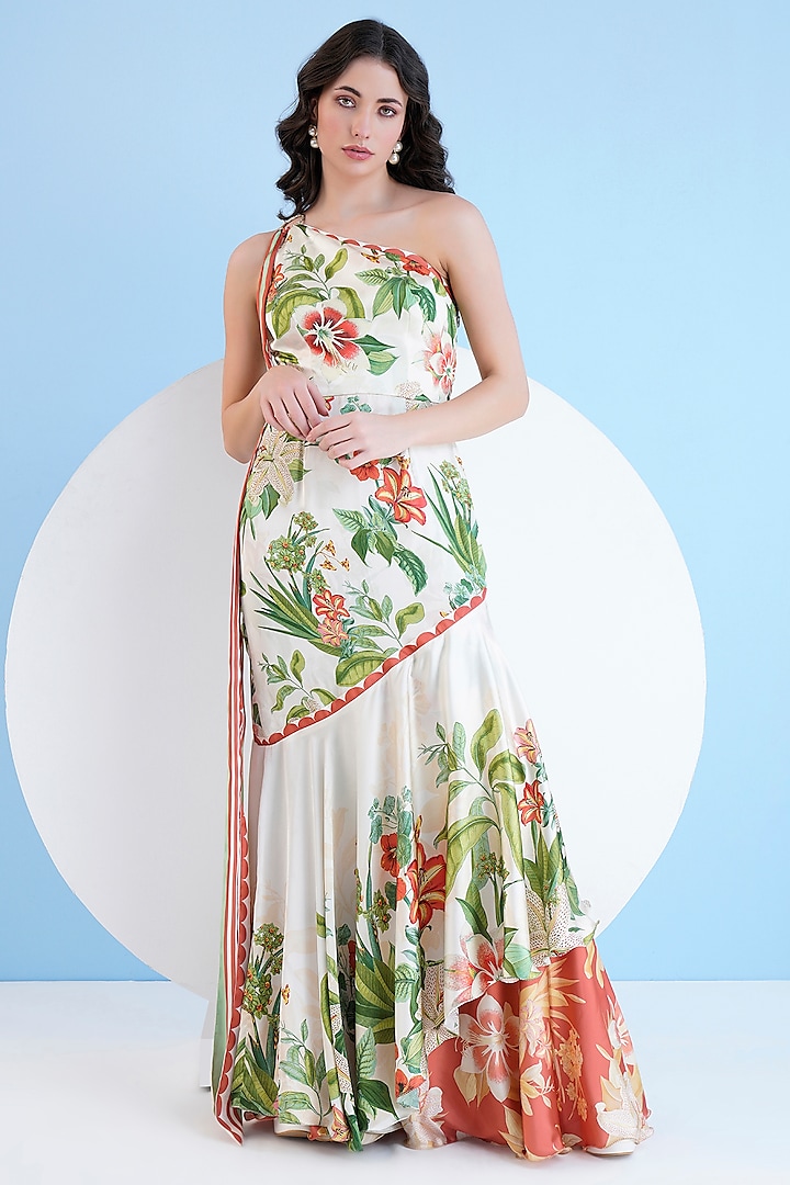 Ivory Satin Floral Printed One-Shoulder Tiered Maxi Dress by Mandira Wirk