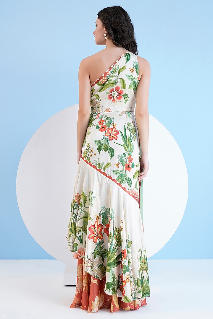 Ivory Satin Floral Printed One-Shoulder Tiered Maxi Vacation Dress by Mandira Wirk - Resort at Pernia's Pop Up Shop