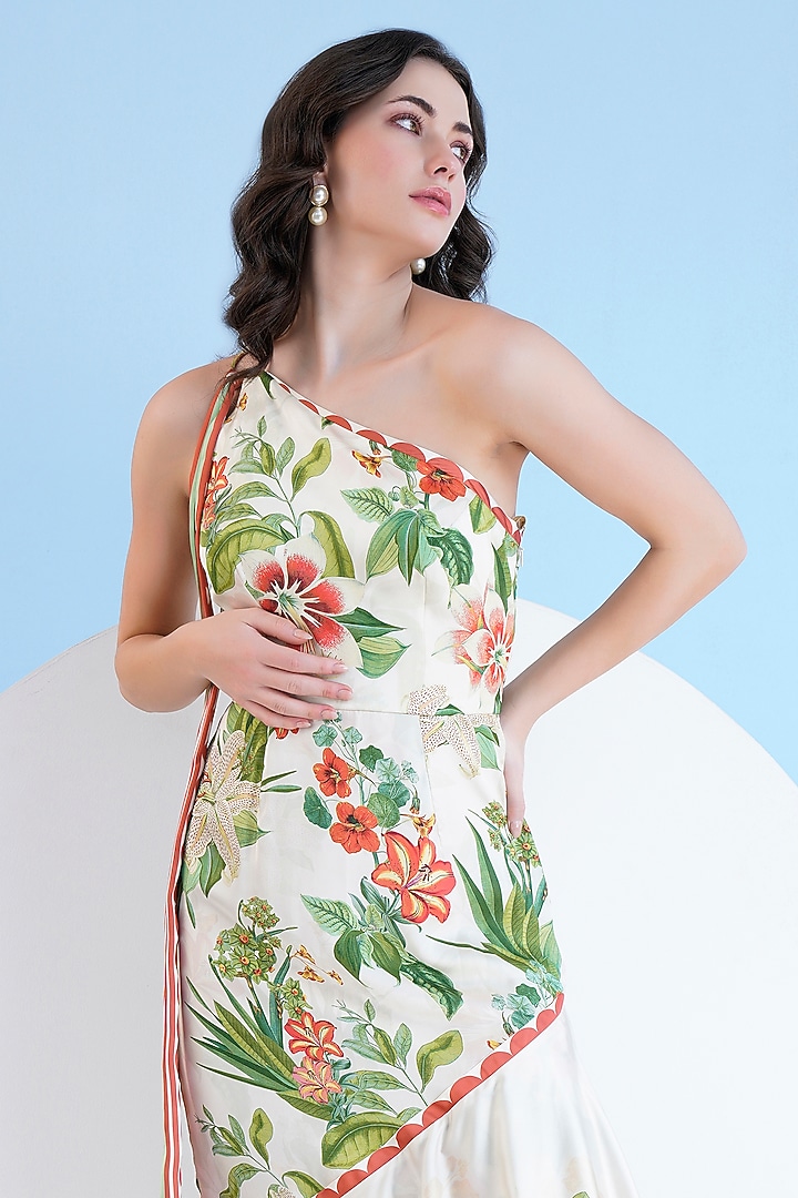 Ivory Satin Floral Printed One-Shoulder Tiered Maxi Vacation Dress by Mandira Wirk - Resort at Pernia's Pop Up Shop