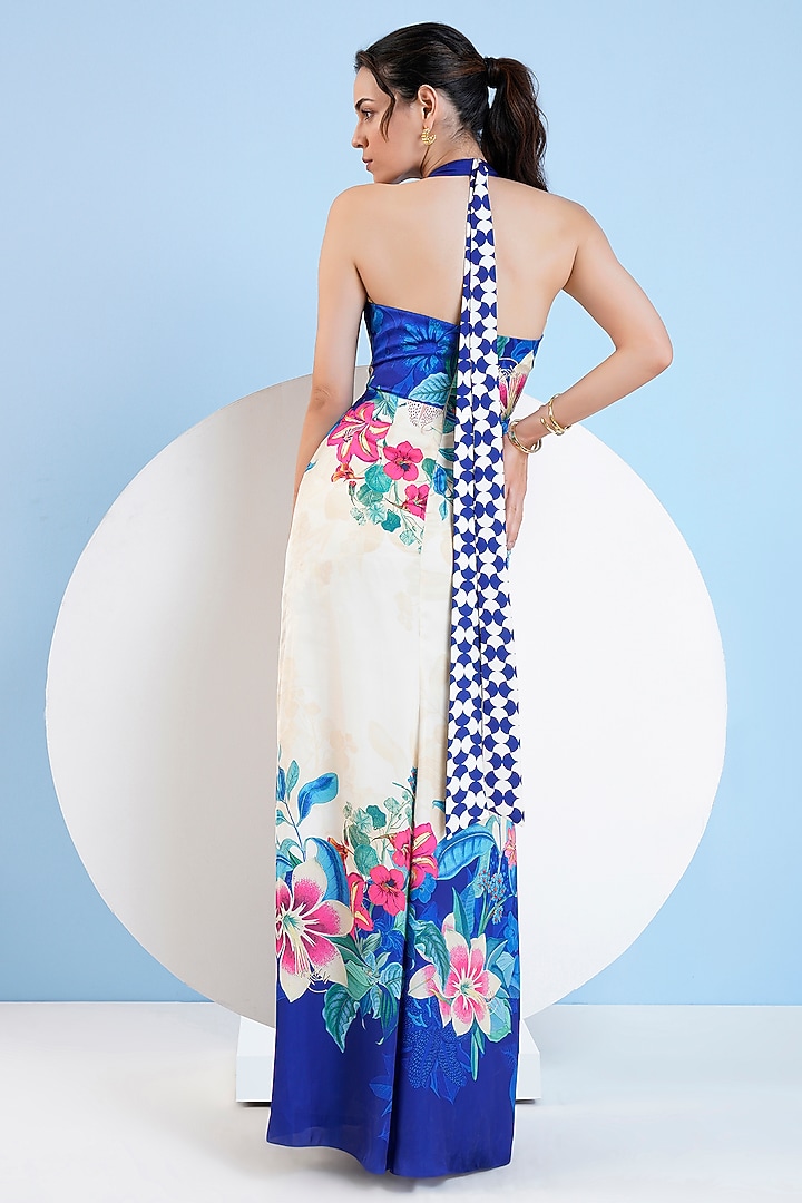 White & Blue Satin Floral Printed Maxi Vacation Dress by Mandira Wirk - Resort at Pernia's Pop Up Shop