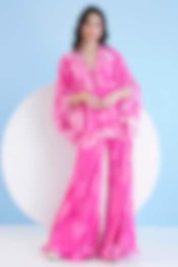 Pink Chiffon Printed Flared Jumpsuit by Mandira Wirk at Pernia's Pop Up Shop