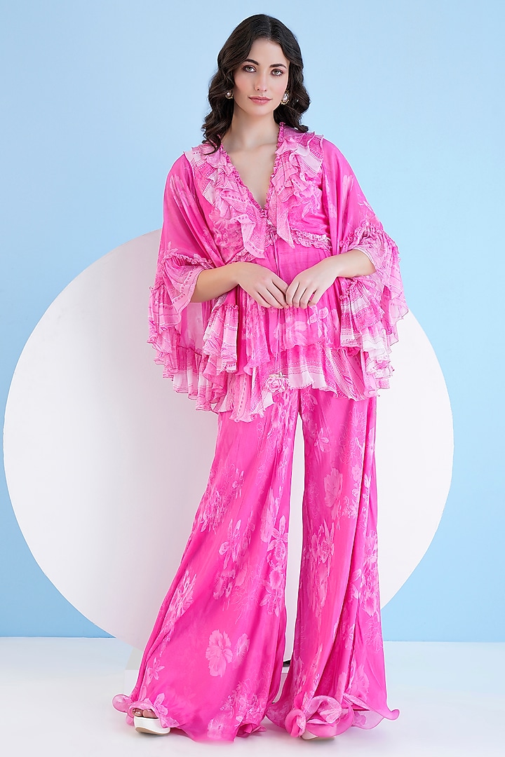 Pink Chiffon Printed Flared Jumpsuit by Mandira Wirk