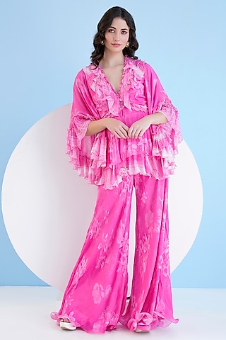 Pink Chiffon Printed Flared Jumpsuit by Mandira Wirk - Resort