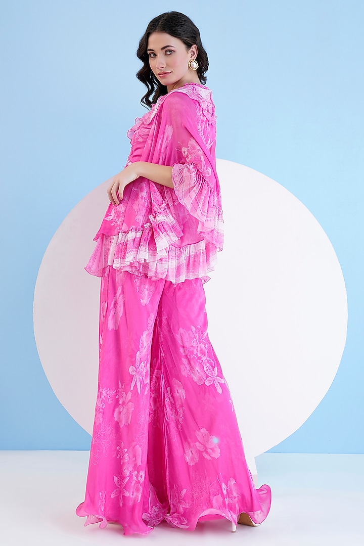 Pink Chiffon Printed Flared Jumpsuit by Mandira Wirk - Resort at Pernia's Pop Up Shop
