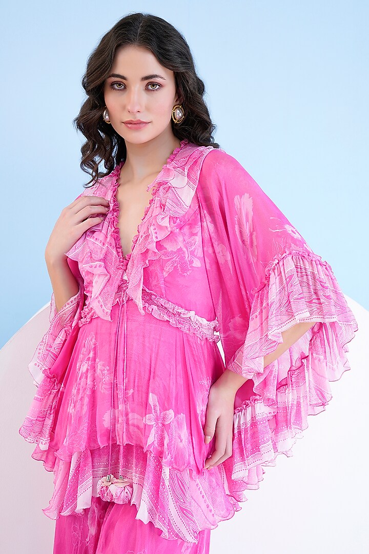 Pink Chiffon Printed Flared Jumpsuit by Mandira Wirk - Resort at Pernia's Pop Up Shop