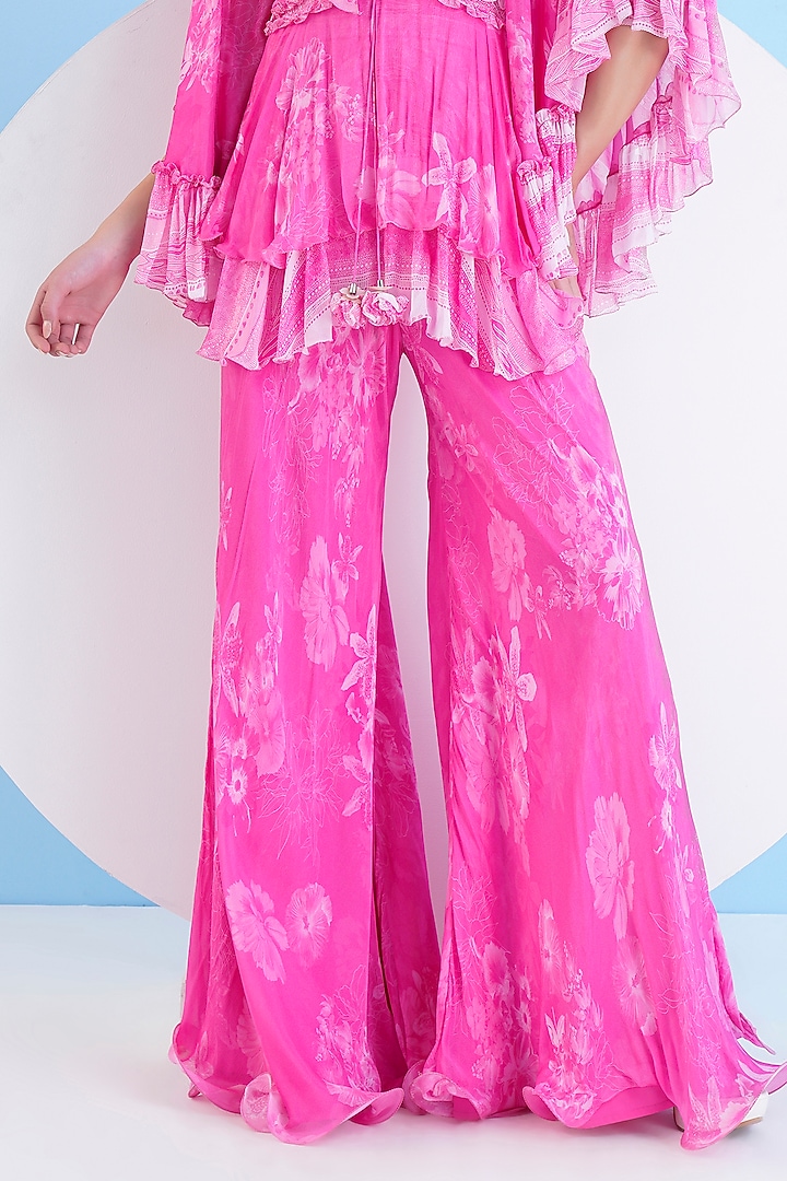 Pink Chiffon Printed Flared Jumpsuit by Mandira Wirk - Resort at Pernia's Pop Up Shop