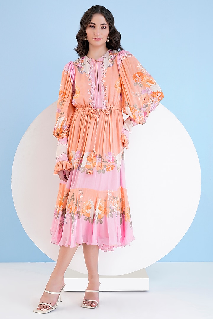 Orange & Pink Chiffon Placement Printed Midi Dress by Mandira Wirk