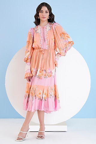 Orange & Pink Chiffon Placement Printed Midi Dress by Mandira Wirk - Resort