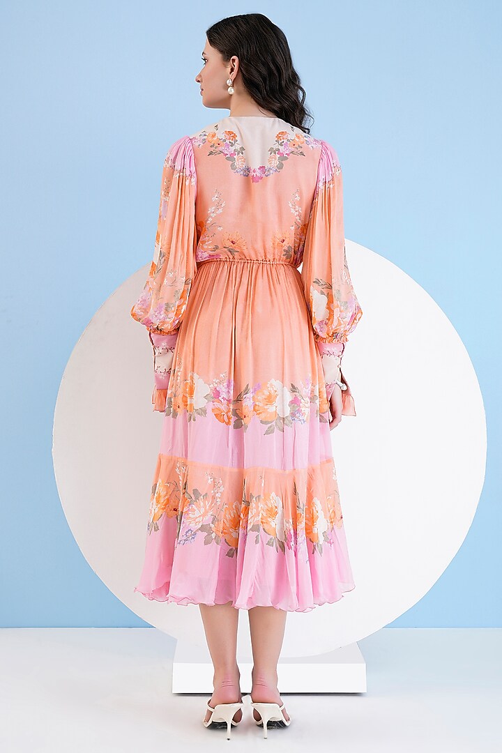 Orange & Pink Chiffon Placement Printed Midi Vacation Dress by Mandira Wirk - Resort at Pernia's Pop Up Shop